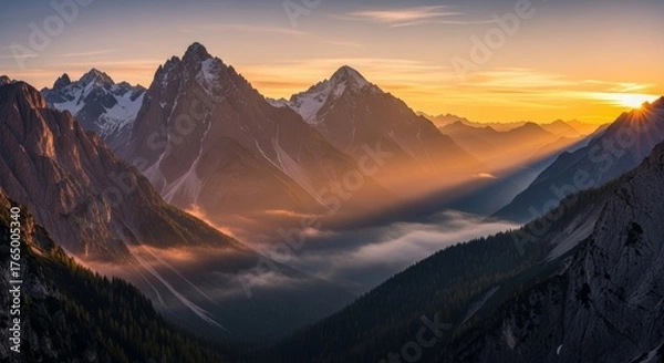 Fototapeta Majestic mountain range during sunrise, mist rolling through valleys, warm golden light, detailed natural landscape, serene and inspiring atmosphere