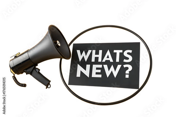 Obraz Announcing Updates and Information with a Megaphone and a "What's New?" Sign, Symbolizing Communication and Important News for Audiences