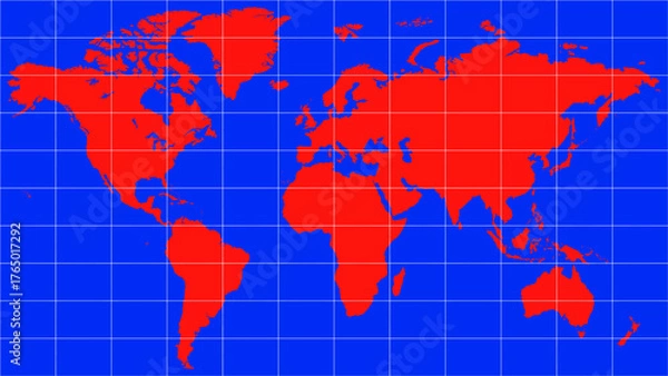 Obraz A minimalist world map, with the continents highlighted in red against a vibrant blue backdrop of oceans. A white coordinate grid lends a rigorous, scientific feel to the image.