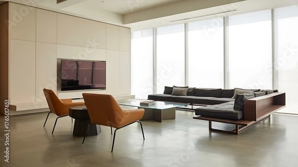 Fototapeta Modern living room with comfortable seating and large windows creating a bright and airy atmosphere for relaxation and entertainment