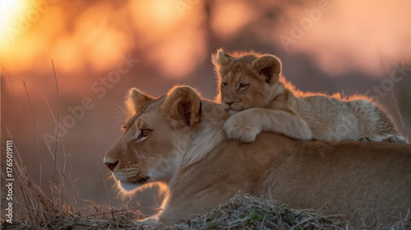 Obraz Lioness and Cub Cuddling at Sunset