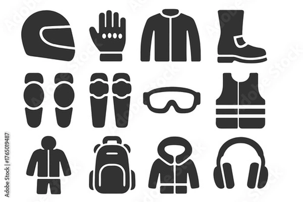 Fototapeta Riding Gear Icons. Solid style icons of Riding gear and safety: helmet, gloves, jacket, boots, knee pads, elbow pads, goggles,