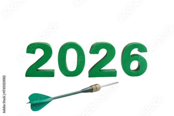 Obraz A green dart aims precisely at the year 2026 against a white background, symbolizing future goals, strategic planning, and successful business objectives