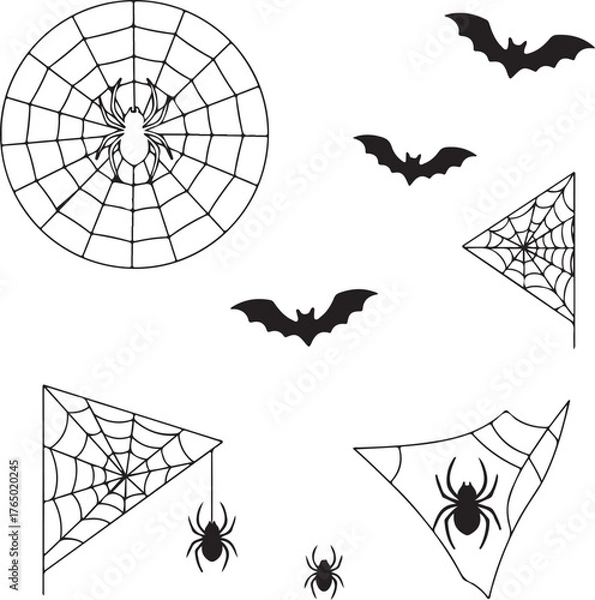 Obraz Spooky Halloween Bats Spiders and Webs Vector Illustration Black Silhouettes on White Background