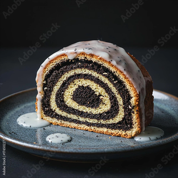 Fototapeta Slice of swirl poppy seed cake with glaze on a plate