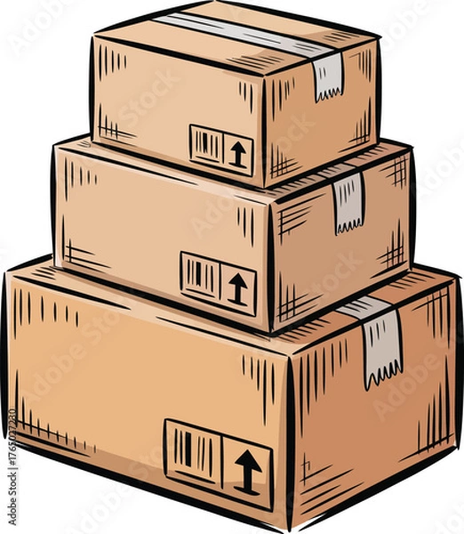 Fototapeta A stack of three cardboard boxes with shipping labels