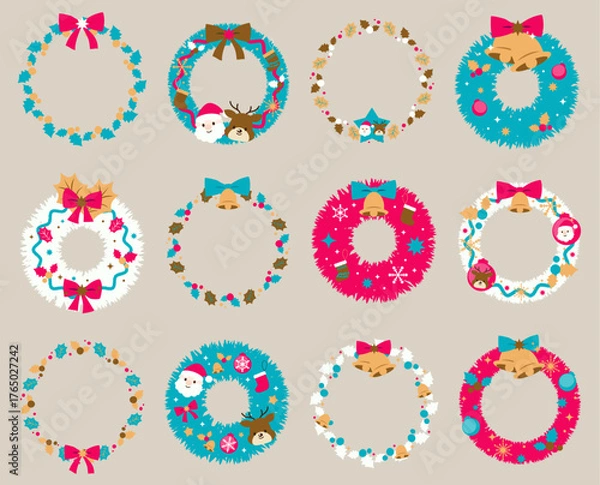 Fototapeta クリスマスリース　オシャレなイラストセット