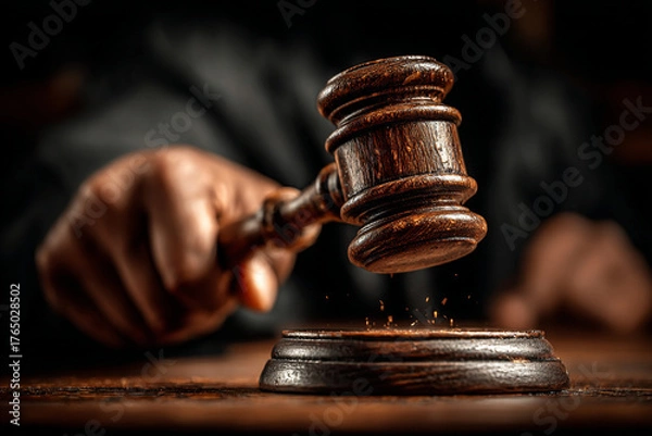 Fototapeta Dramatic Judge Hitting Gavel Making Final Decision Close Up Law Justice Authority and Auction Concept