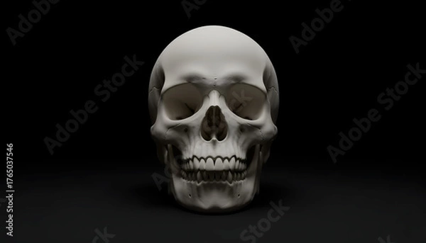 Fototapeta Realistic human skull front view on black background