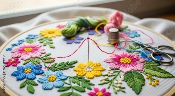 Fototapeta Hand embroidery floral pattern in progress with colorful threads