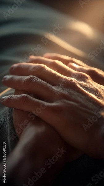 Obraz Close up of two hands clasped together bathed in warm light creating a sense of comfort and peace