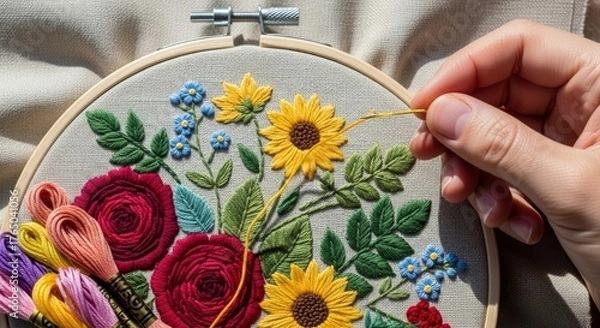 Fototapeta Hand embroidery floral pattern in progress with colorful threads