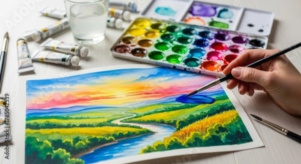 Fototapeta Watercolor painting in progress with colorful paint palette and brush