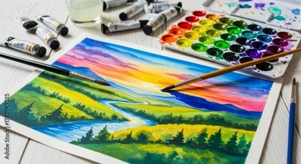 Fototapeta Watercolor painting in progress with colorful paint palette and brush