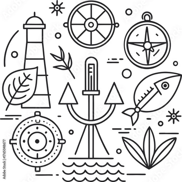 Fototapeta Monochrome vector illustration o marine exploration.