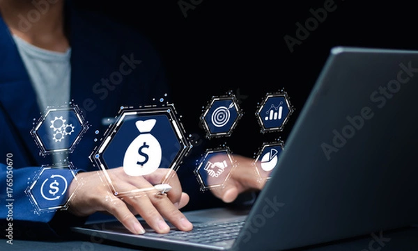 Fototapeta asset management concept, businessman with digital assets business management system on laptop. financial property, digital assets, wealth investment and finance