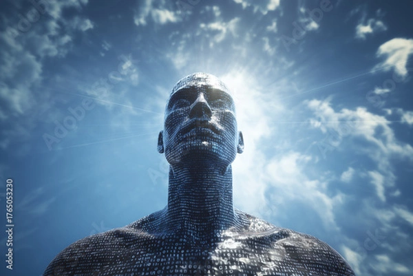 Obraz Hyper-Realistic Binary-Skinned Digital Human Levitating Under Radiant Sky Rays