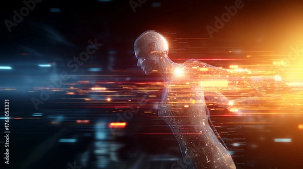 Obraz Colossal Basaltic Human Fused with Glowing AI Code and Data Flowing Data