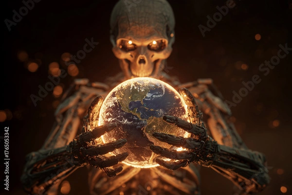Obraz Apocalyptic Chrome Skeleton with Glowing Eyes and Burning Globe