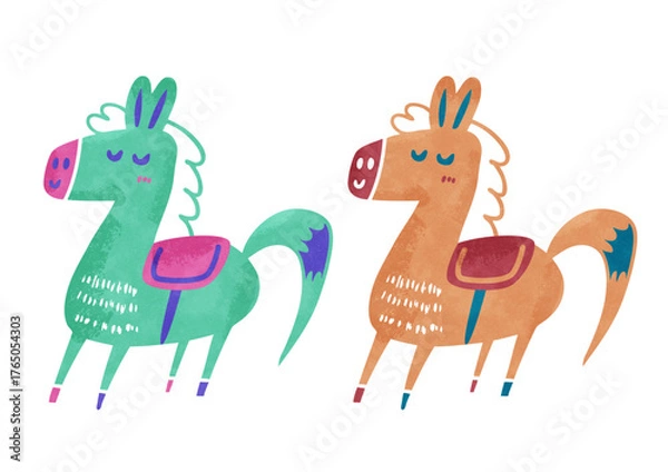 Obraz ポップでかわいい馬の手描き風水彩イラストセット