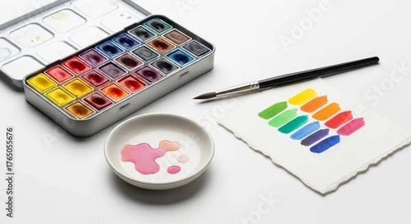 Fototapeta Watercolor Paint Set with Brush and Color Swatches on White Background