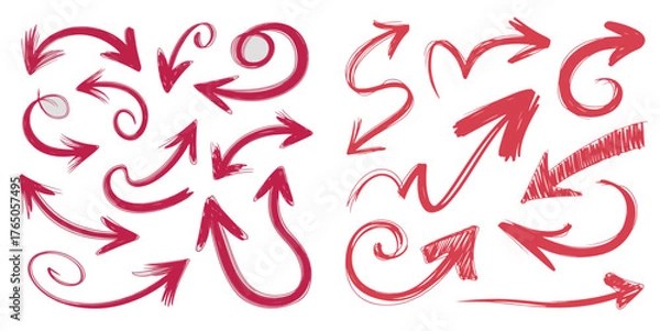 Fototapeta Hand-drawn red arrows set, sketchy crayon texture, dynamic curved and swirly arrows on white background, doodle style marker arrows, artistic direction indicators, isolated vector illustration, playfu