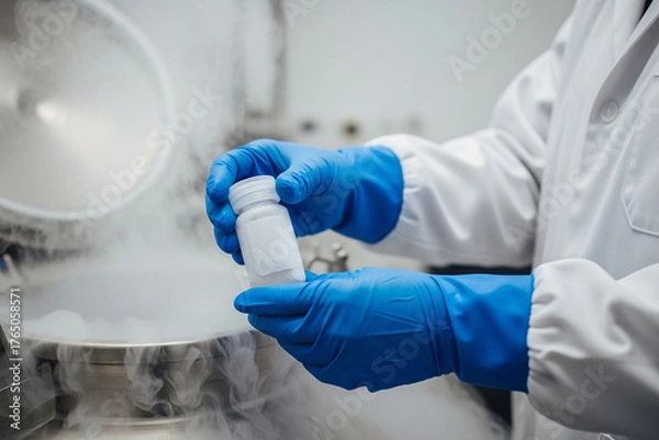 Fototapeta A cryogenic technician retrieves a frosted cryovial containing valuable biological material from a liquid nitrogen tank, crucial for cellular agriculture processes