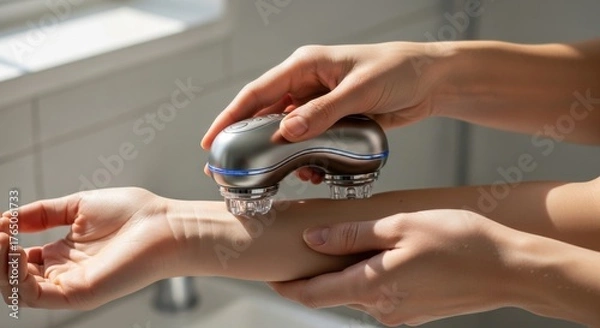 Fototapeta Person using an electronic beauty tool on arm in well-lit bathroom  
