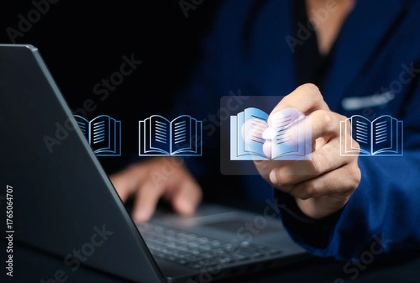Fototapeta E-library and E-learning Concept, Person using laptop with virtual E-Book icons for online knowledge Base, Digital library, Access electronic books on Internet. Course education. Webinar technology.