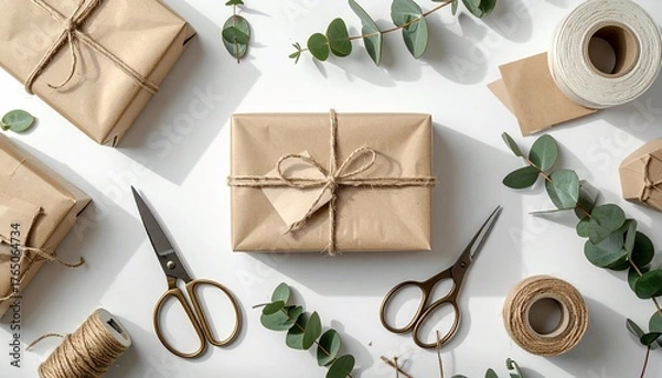 Obraz Artisanal gift wrapping with natural elements and crafting essentials, flat lay perspective