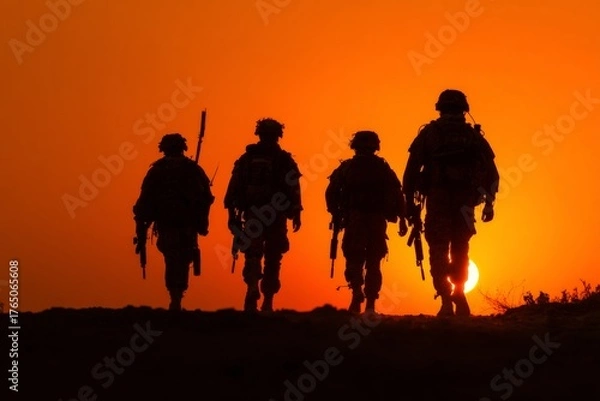 Fototapeta Four soldiers march in silhouette against a brilliant orange sunset, creating a striking contrast. The scene captures their solidarity and determination during an evening patrol