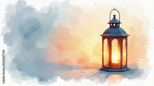 Fototapeta Lantern glowing warmly against a blurred watercolor background  