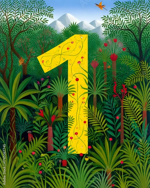 Fototapeta illustration représentant le chiffre un sur un fond représentant la nature sauvage de la jungle