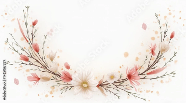 Fototapeta Floral wreath illustration with soft pink and white flowers and branches  