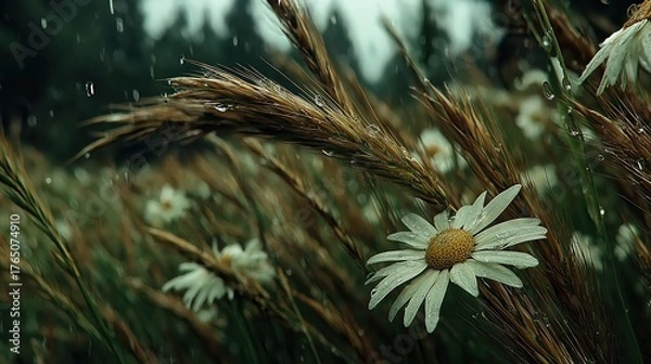 Fototapeta 雨が降る草むらの中で水滴がついた白いマーガレットと茶色の穂のクローズアップ | Close-up of white daisy and brown spikelets with raindrops in a rainy meadow