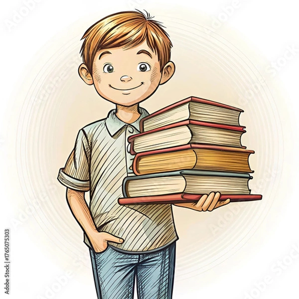 Fototapeta A hand-drawn sketch of a genius boy holding a stack of books