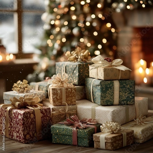 Fototapeta 暖炉とクリスマスツリーの光を背景に、豪華なラッピングされた多数のプレゼントが積み上げられた屋内 | Stack of luxuriously wrapped presents on a wooden floor against the backdrop of a fireplace and illuminated Christmas tree.