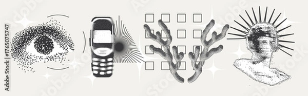 Obraz Universal Trendy Geometric Shapes Set With Vector Bitmap Dithering Texture.