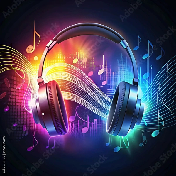 Obraz A headphone illustration with a flowing music
