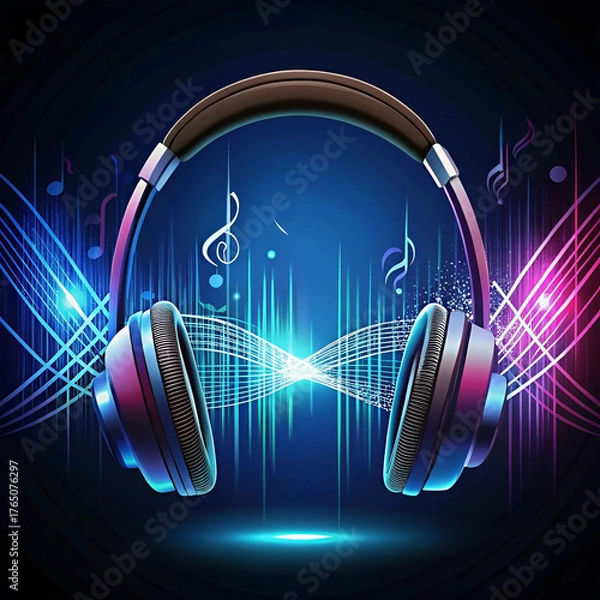 Fototapeta A headphone illustration with a flowing music