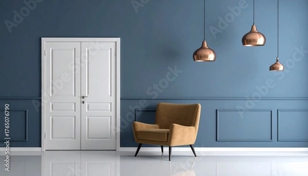 Fototapeta Modern interior design with chair, door, and stylish lighting elements