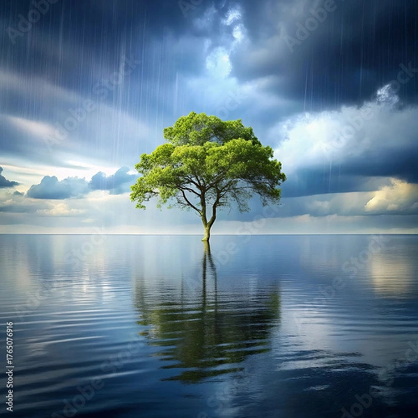 Fototapeta A lone tree stands in a calm sea during rain, symbolizing solitude