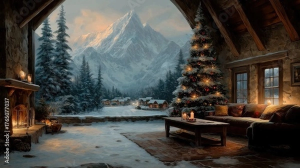 Fototapeta 暖炉とクリスマスの飾りが施された山小屋のリビングルームから雪に覆われた山脈を眺める景色 | View of snow-covered mountains from a cozy cabin living room with a fireplace and decorated Christmas tree