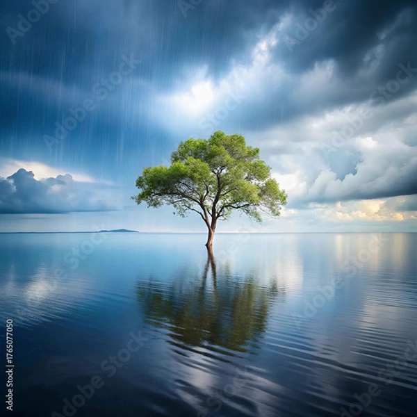 Fototapeta A lone tree stands in a calm sea during rain, symbolizing solitude