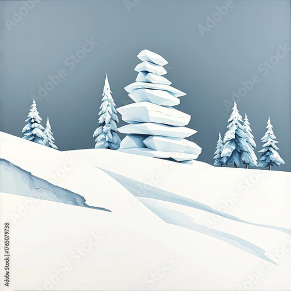 Fototapeta An abstract winter landscape composed of stacked, geometric snow drifts and crystalline trees, in a clear cream and cerulean blue palette gradient