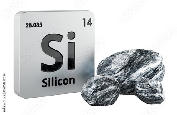 Fototapeta Silicon element symbol and raw silicon stones, 3D rendering