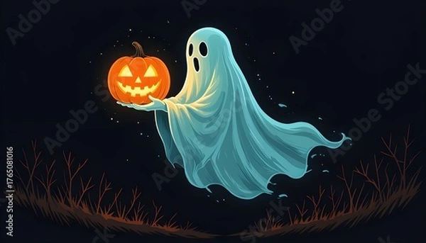 Obraz Scary halloween ghost holding Jack O'Lantern