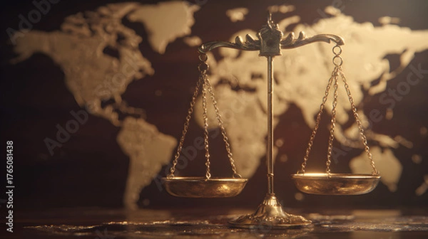 Obraz Golden scales of justice with world map background symbolizing fairness equality peace and International Day of Neutrality global law and balance

