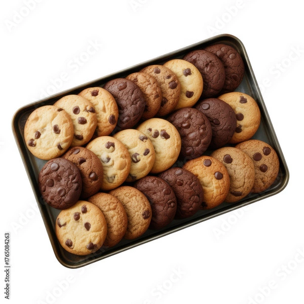 Obraz Assortment of chocolate chip cookies on a baking tray isolated on transparent background