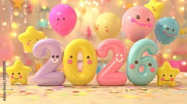 Fototapeta New Year 2026 Celebration Backgrounds and 3D Elements Pack – Festive Holiday Design Collection with Golden Numbers, Fireworks, Balloons, Confetti, and Elegant Light Effects for Seasonal Marketing